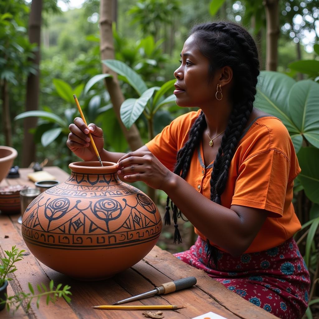 Shipibo Woman Painting Traditional Pottery