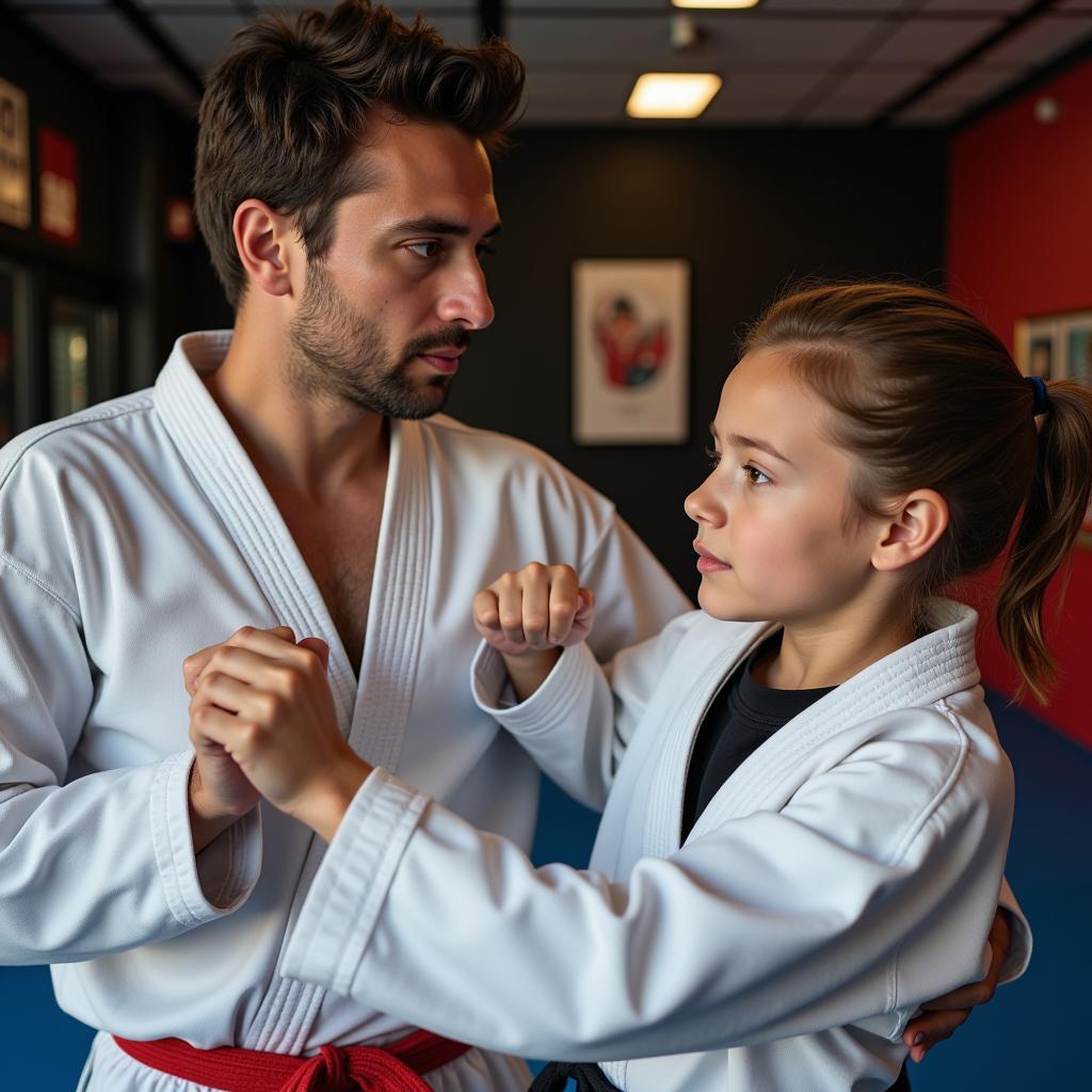 Martial arts instructor demonstrating a technique on a student