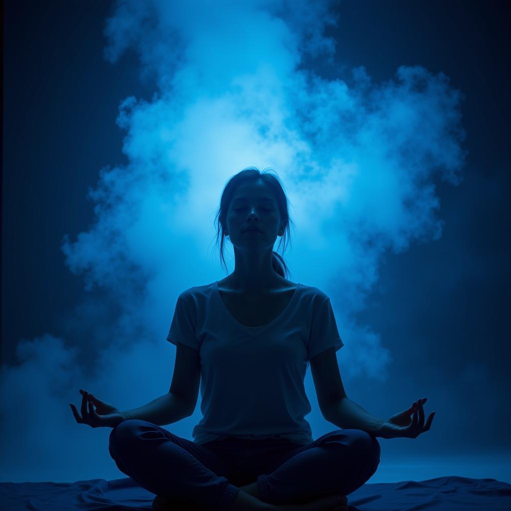 Meditating woman surrounded by calming blue light