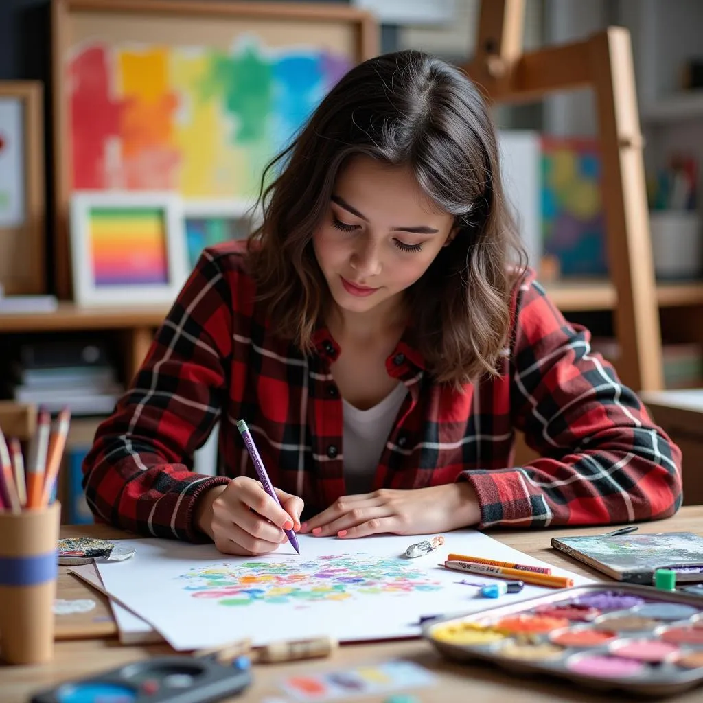 Art student working on an art piece with a color palette