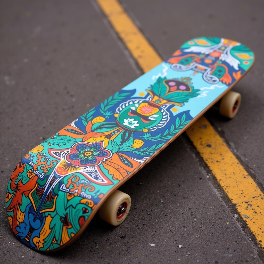 Skateboard deck featuring intricate hand-painted artwork