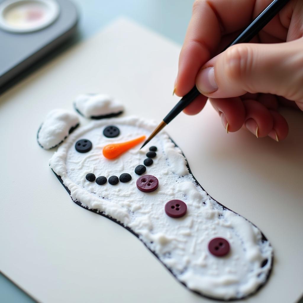 Adding details to snowman footprint art using black and orange paint