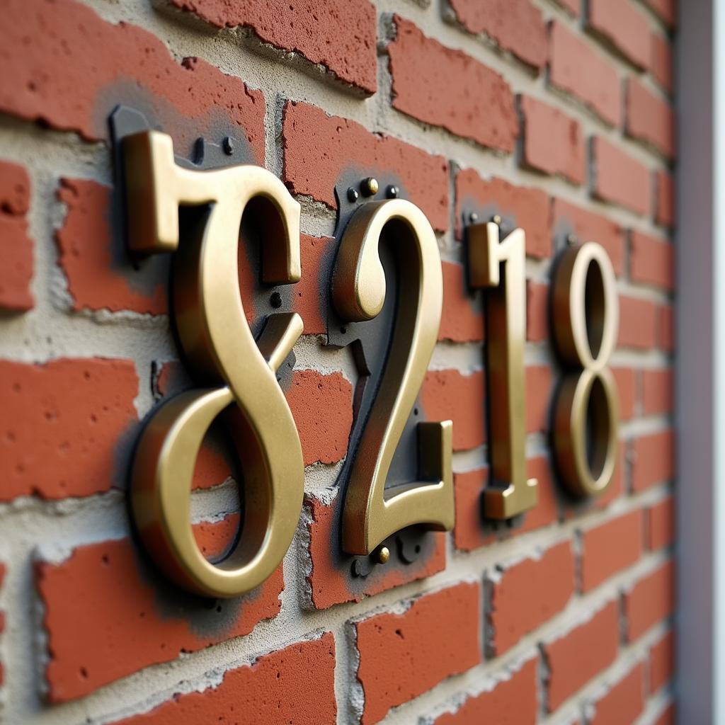 Antique brass art deco house numbers mounted on a brick wall