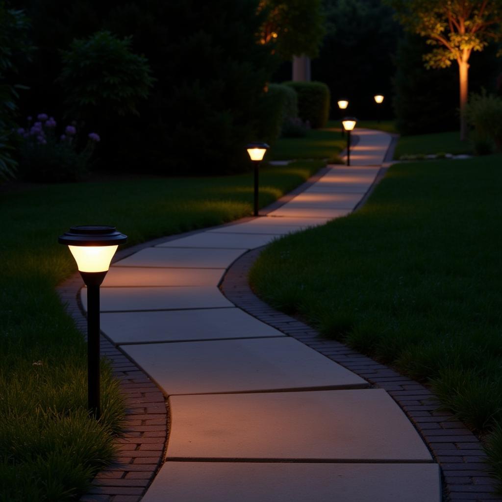 Solar powered pathway lights illuminate a garden path