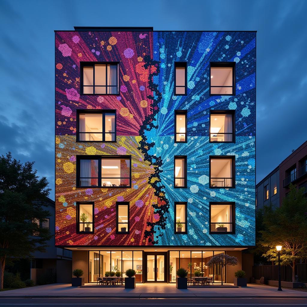 A building facade adorned with vibrant, solar-powered mosaic wall art.