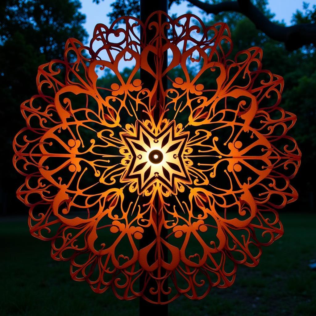 Solar powered wall art illuminating a garden at night