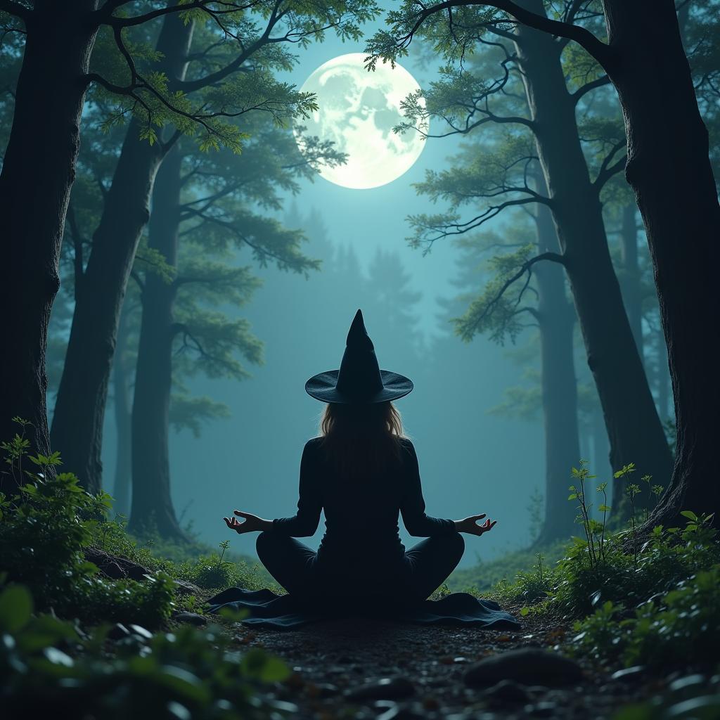 Solitary Witch Meditating in a Moonlit Forest