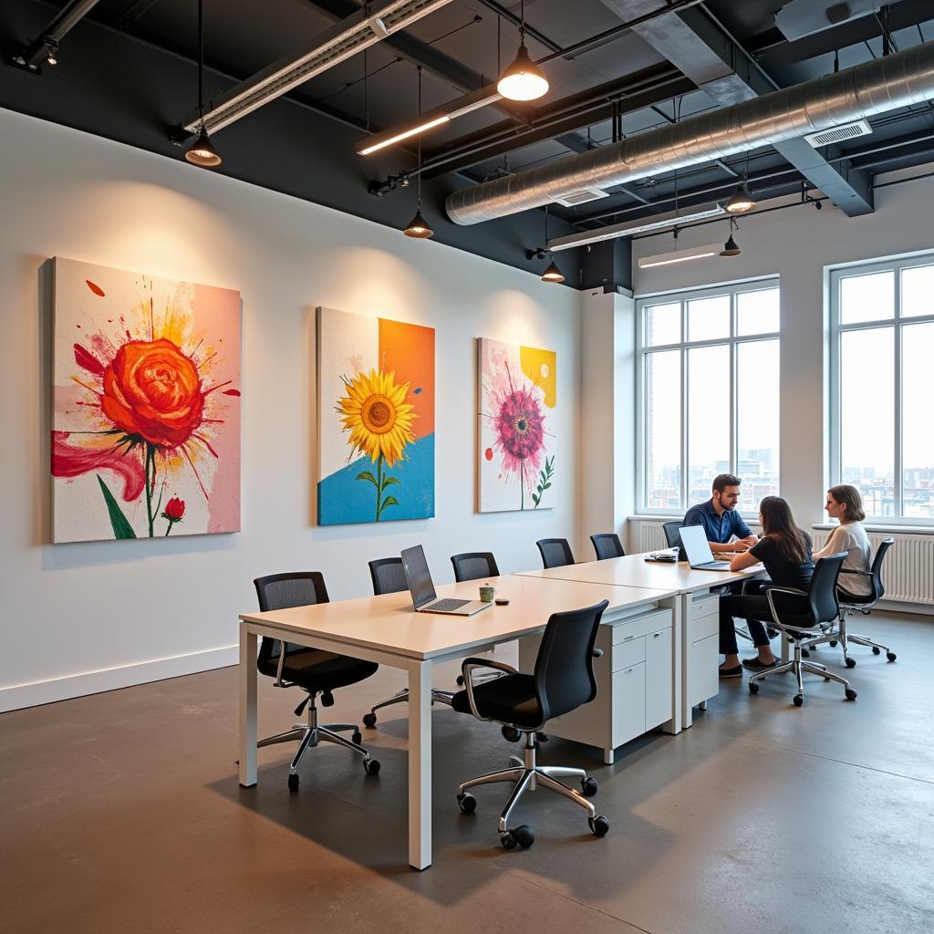 Sound absorbing art panels enhancing the acoustics of a modern office