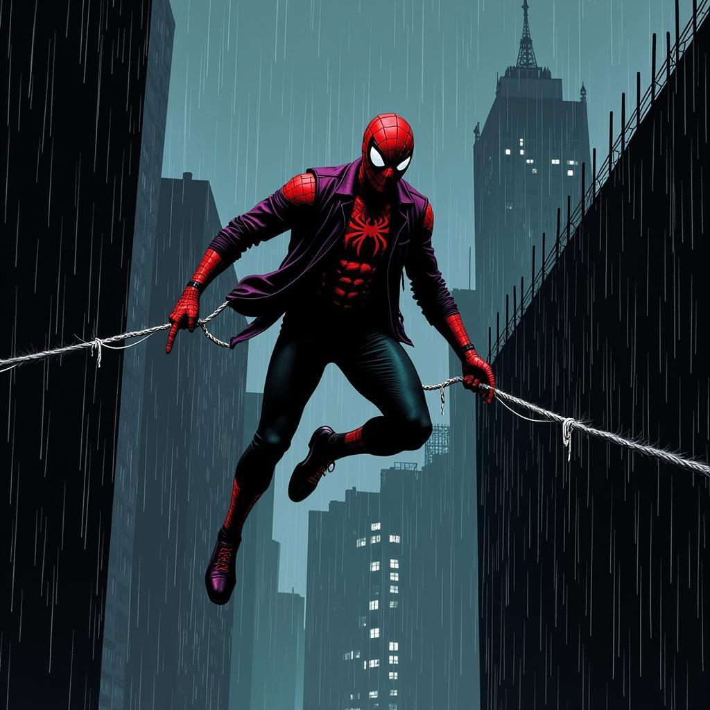 Spider-Man in a noir setting reminiscent of Frank Miller's style