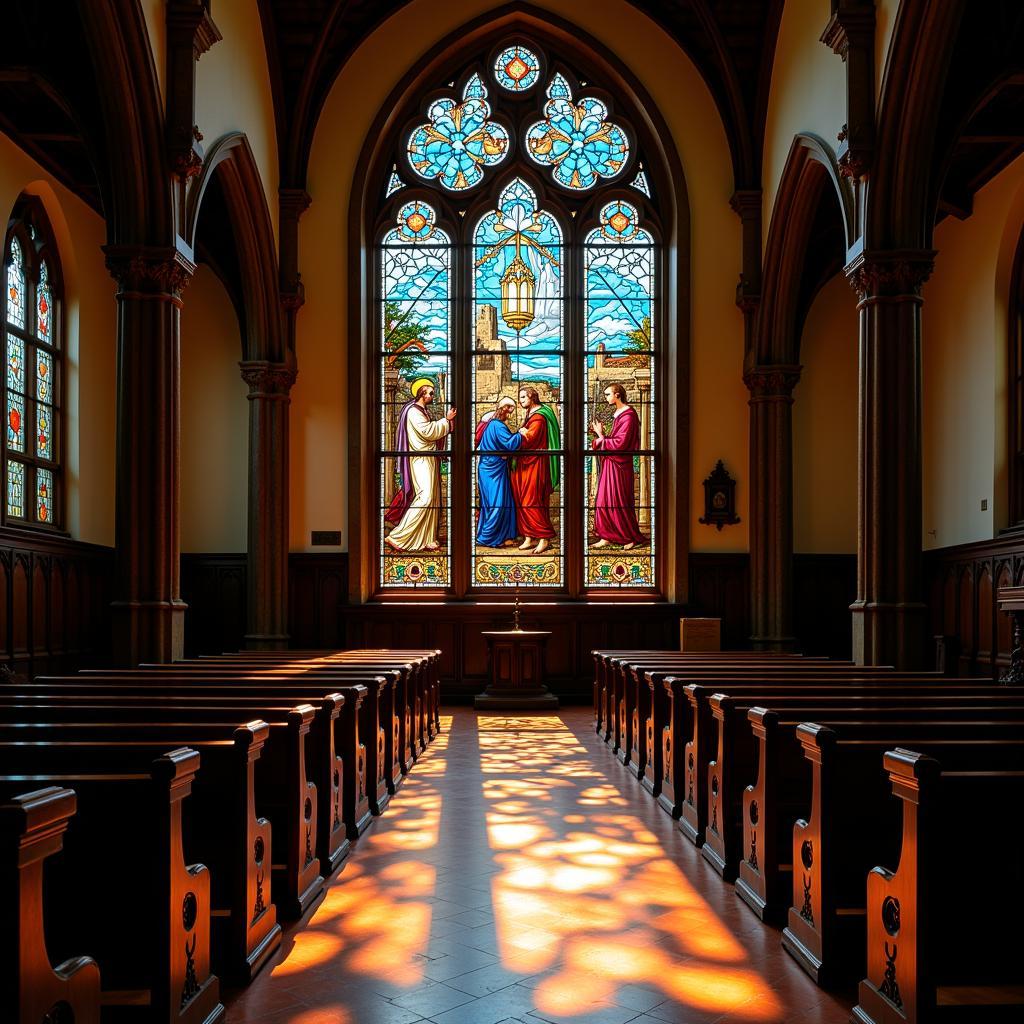 Stained glass window depicting biblical scenes in a church, showcasing vibrant colors and intricate details, a prime example of liturgical art.