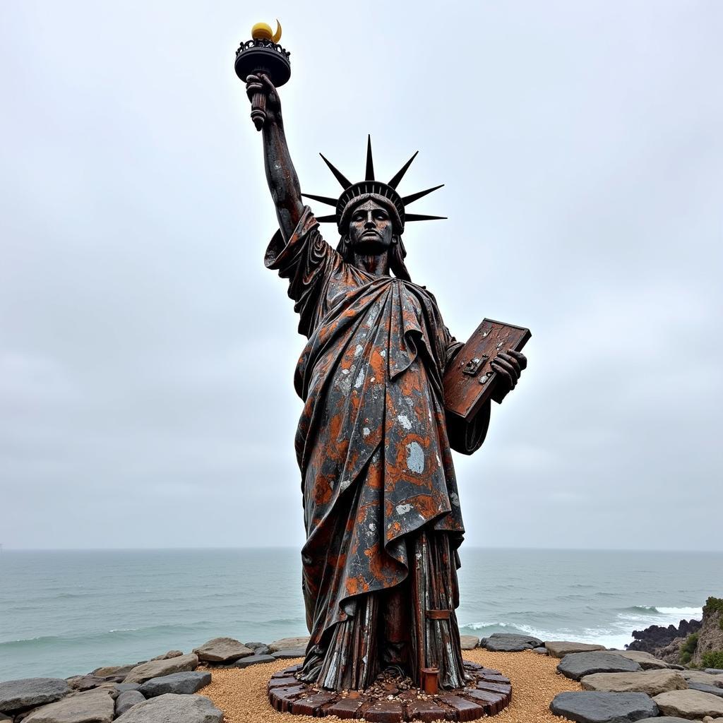 A modern sculpture of the Statue of Liberty made from scrap metal.