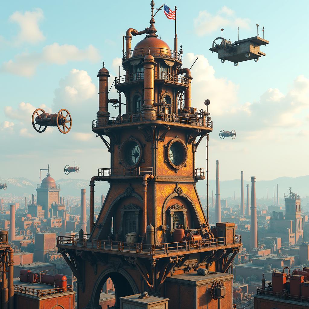 Steampunk Command Tower in Industrial City