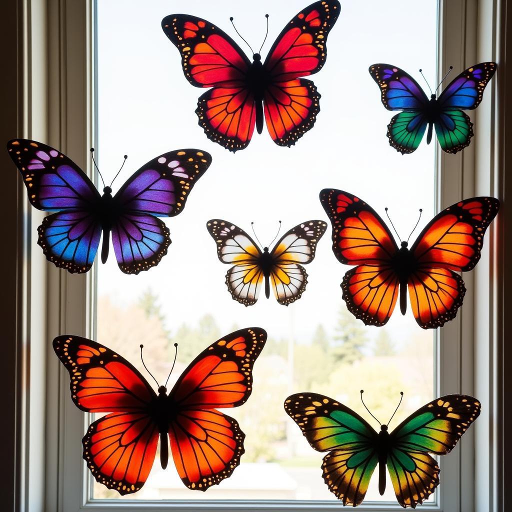 Colorful chromatography butterflies hanging against a window