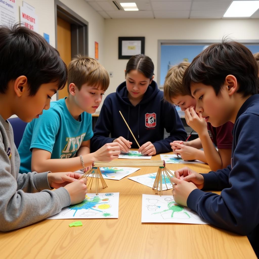 Students collaborating on a STEM art bridge-building project