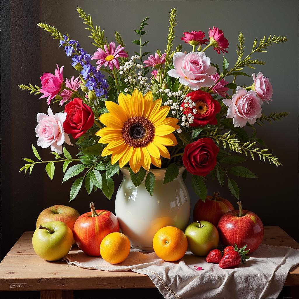 Still Life Painting of Fruits and Flowers