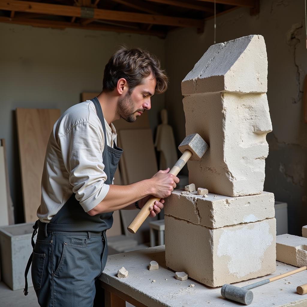 Artist Sculpting in Stone