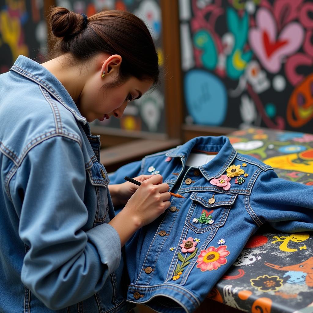 Street artist painting a denim jacket