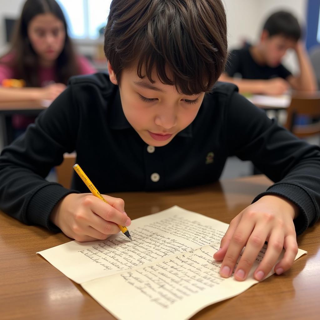 Student analyzing a historical document in cursive