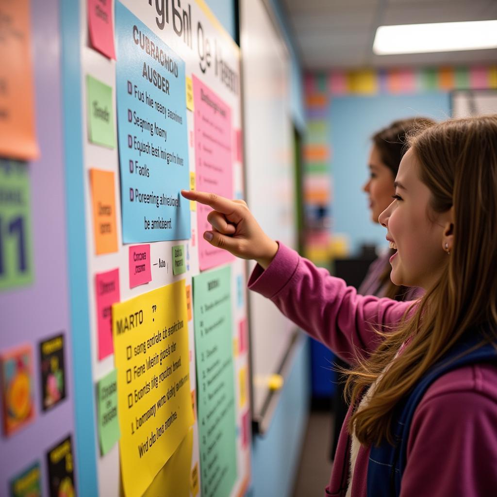 A student enthusiastically selects an activity from a vibrant and interactive language arts choice board, showcasing a variety of options such as writing prompts, reading challenges, and creative projects.