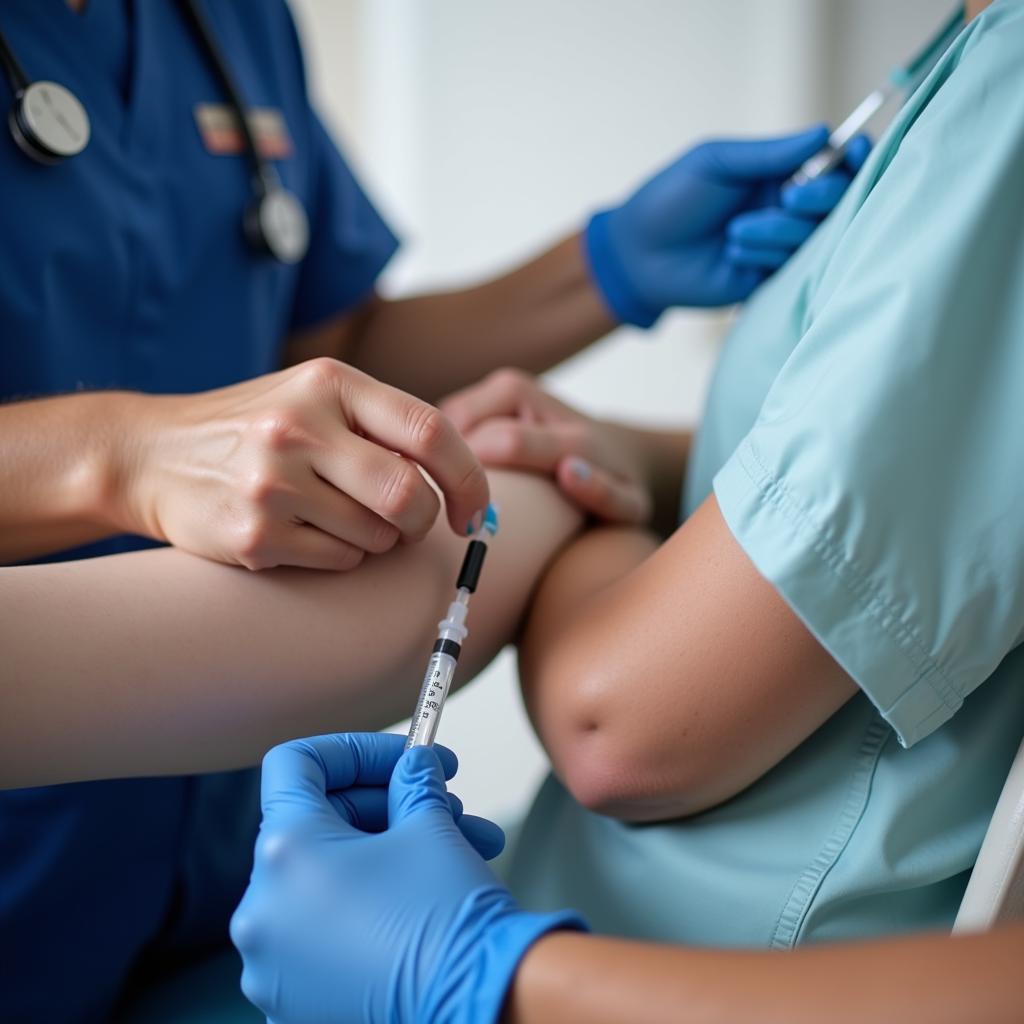 A nurse comforting a patient while administering medication