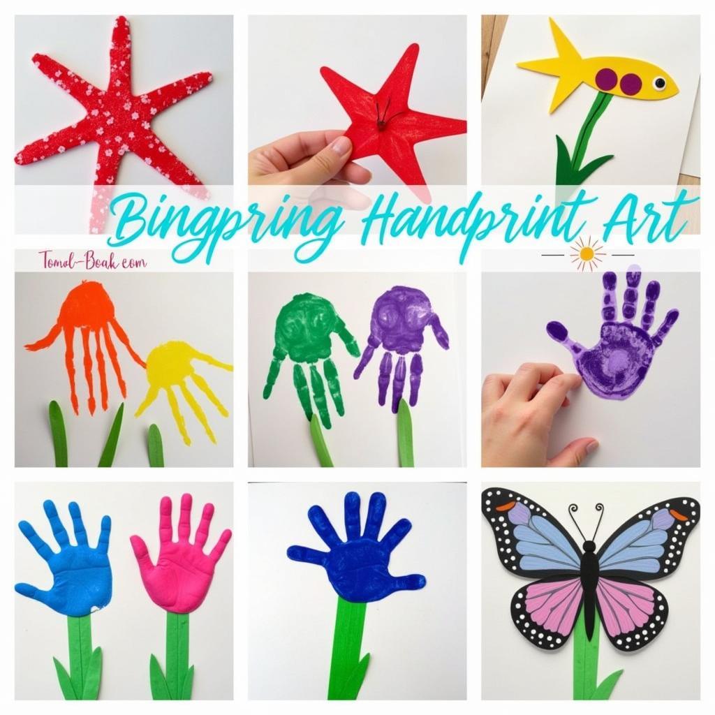 A collection of vibrant and colorful handprint art depicting various summer themes like ocean animals and flowers.