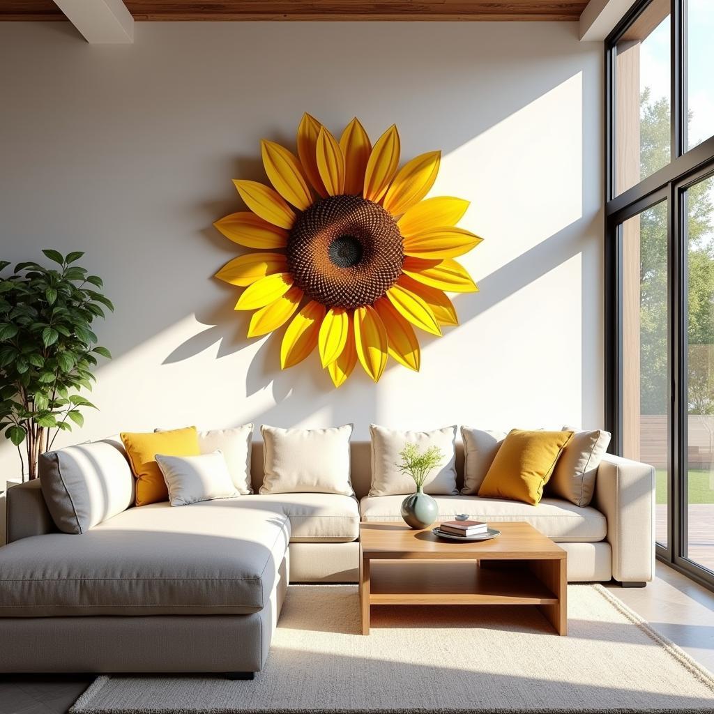 Sunflower metal wall art adds a touch of nature to a modern living room