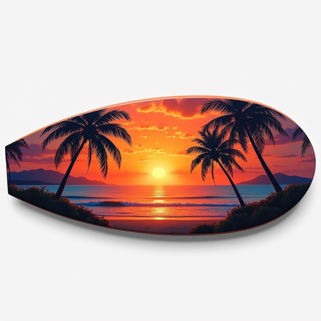 A surfboard art piece depicting a tropical sunset