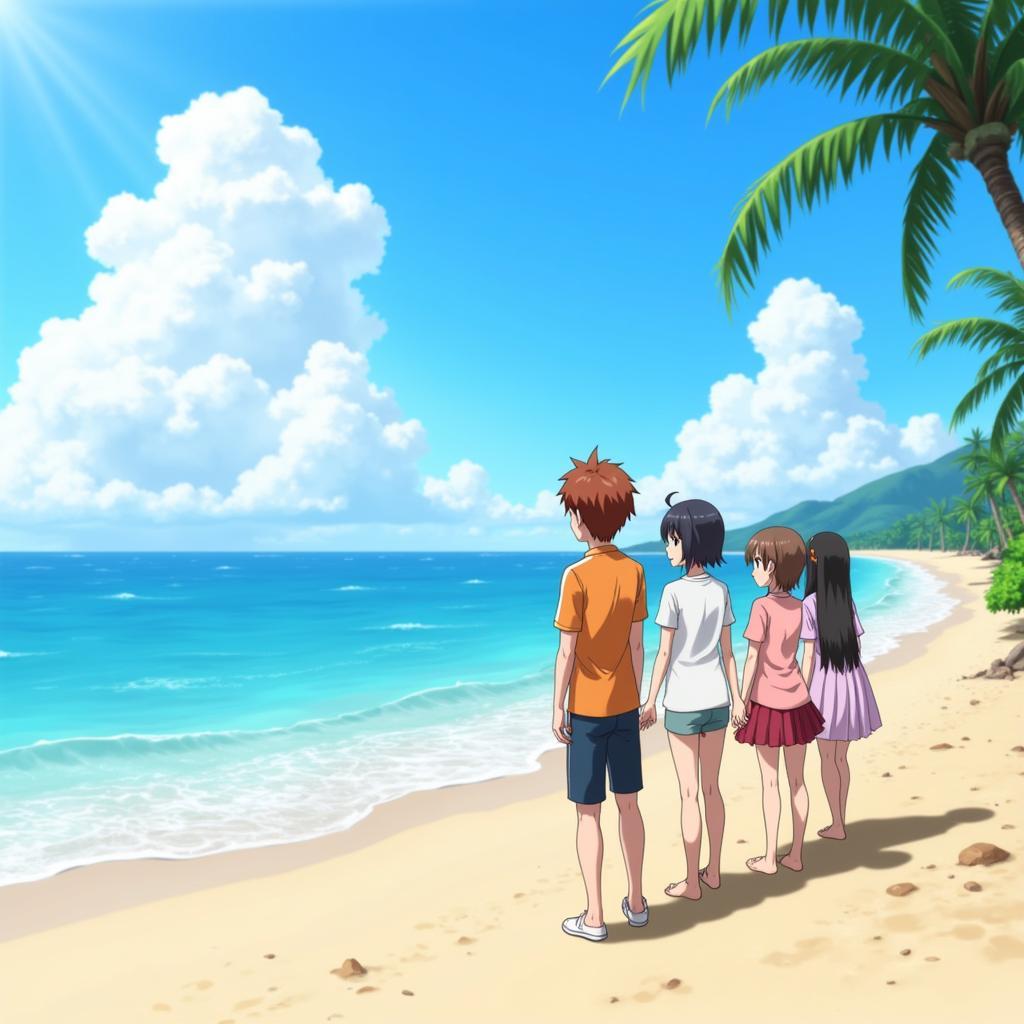 Kirito and friends relaxing on a virtual beach.