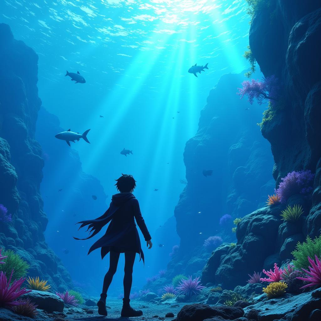 Kirito exploring the depths of an underwater dungeon.