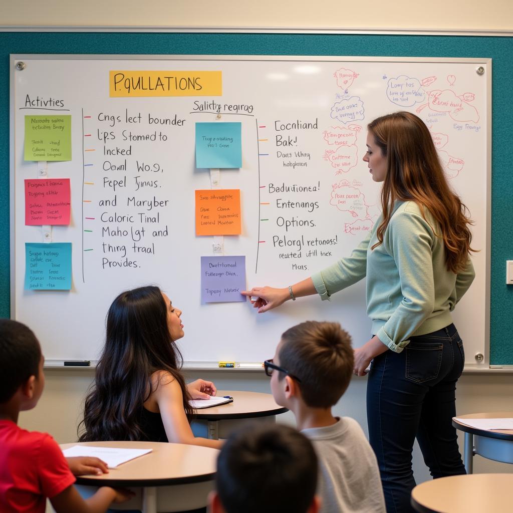 A teacher enthusiastically explains the diverse range of options on a language arts choice board to a group of engaged students.