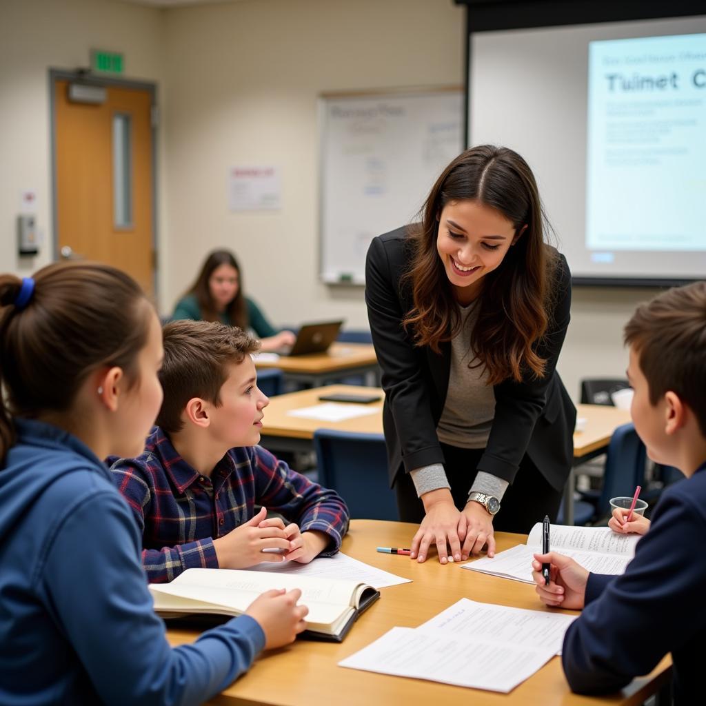  A teacher guiding a group of students through an interactive language arts activity using colorful flashcards and visual aids.