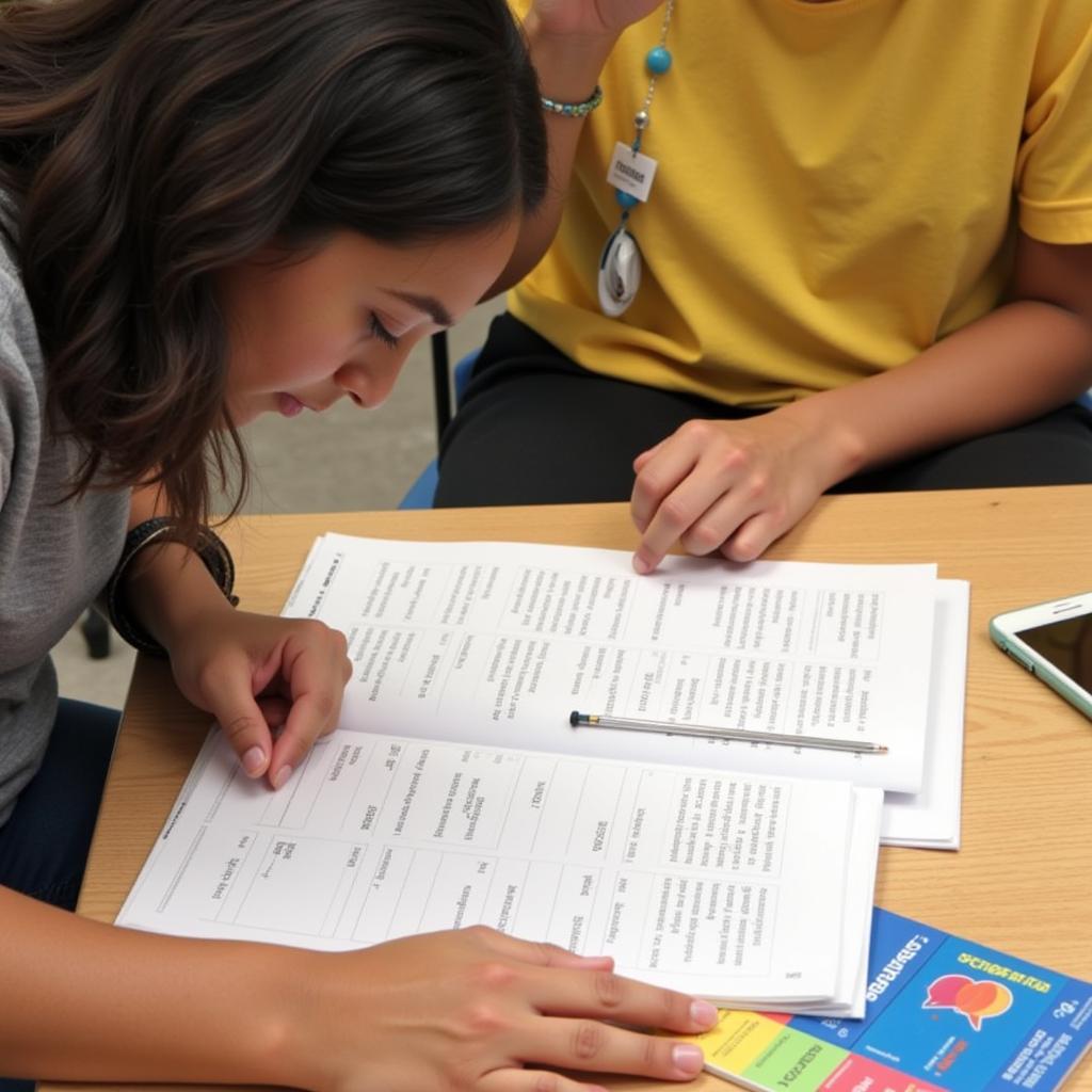 Teacher Reviewing Student Work with Spectrum Language Arts Answer Key