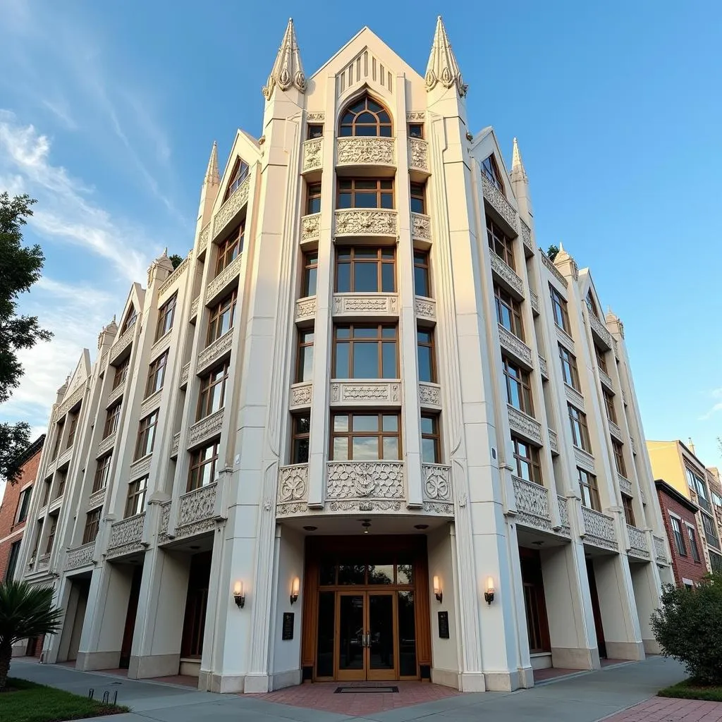 Art Deco Architecture: A majestic building adorned with a prominent art deco crown.