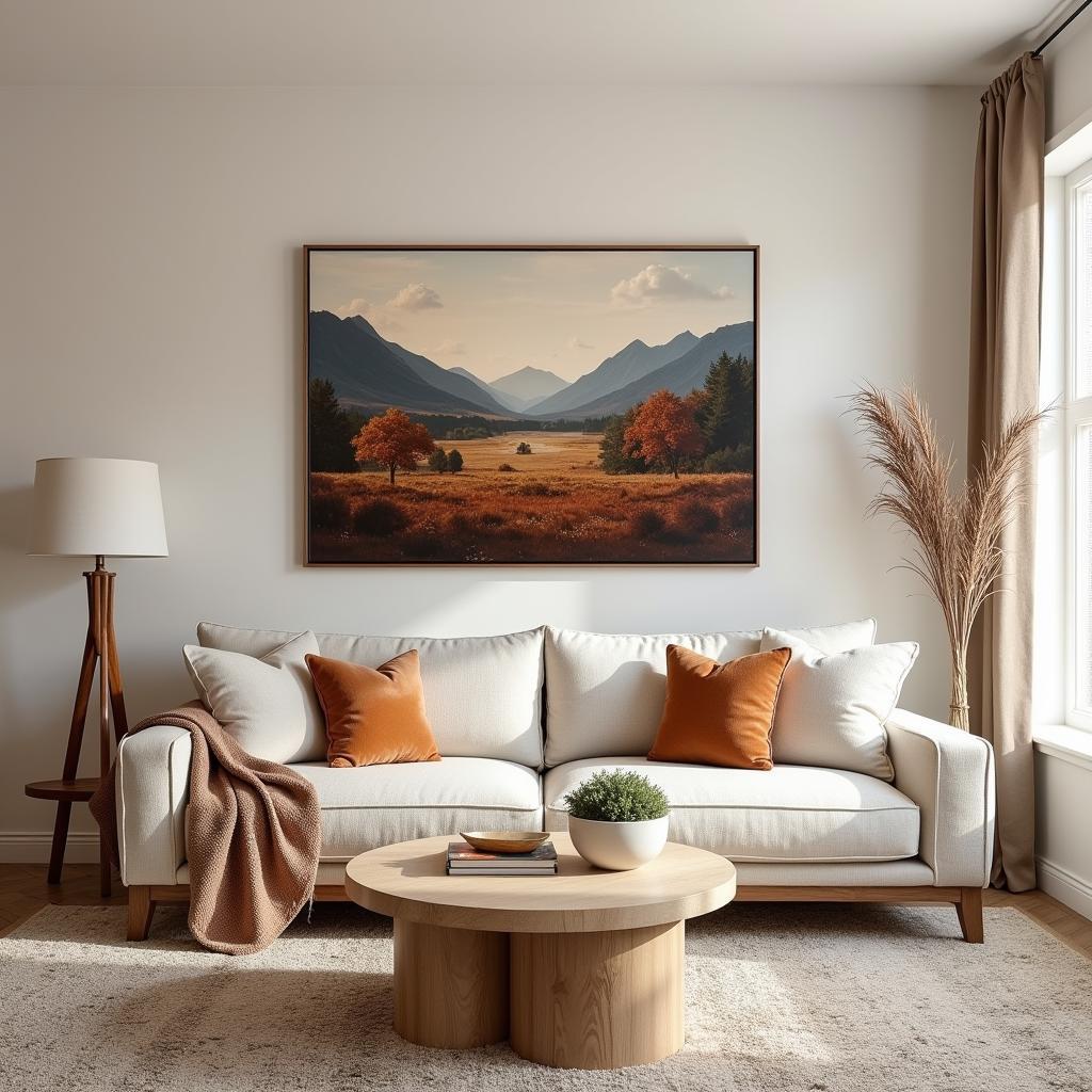 A modern living room design incorporating a large landscape painting as a focal point above the sofa