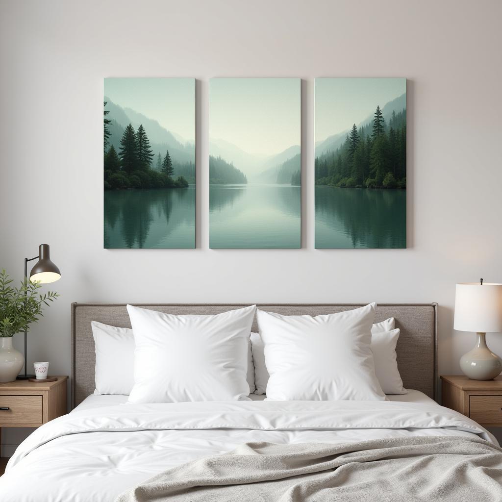 Serene Three Piece Canvas Wall Art Above a Bed