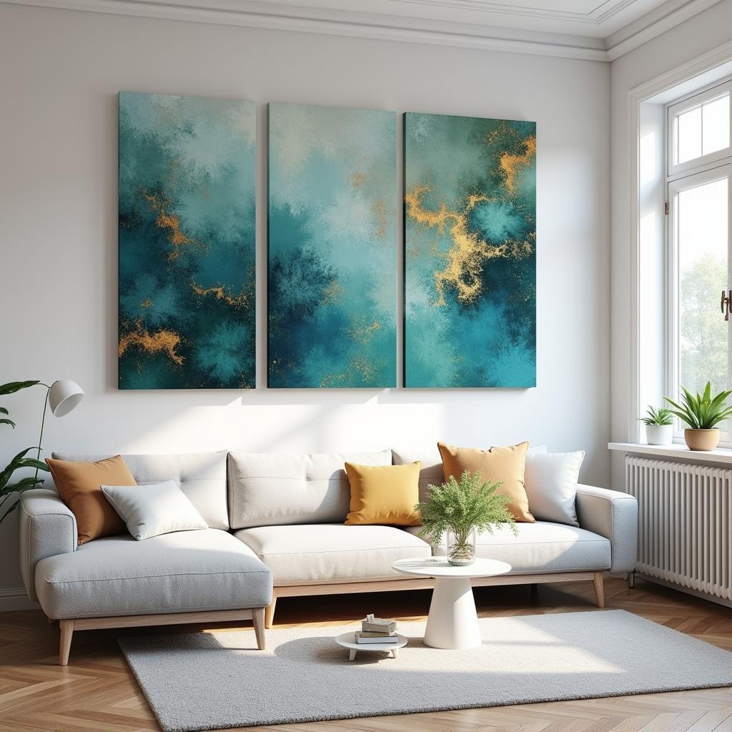 Three Piece Canvas Wall Art in a Modern Living Room