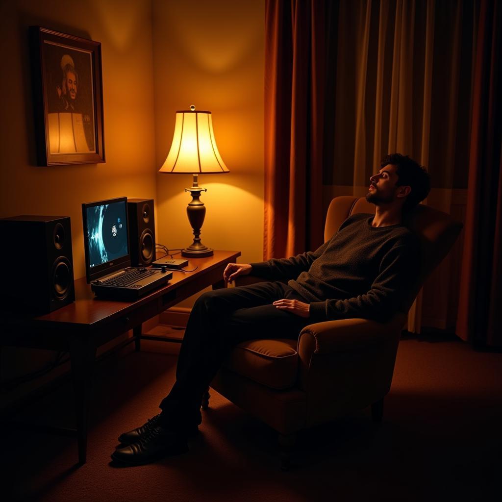  A person relaxing in a chair, listening to "Godlike" on vinyl with high-quality audio equipment