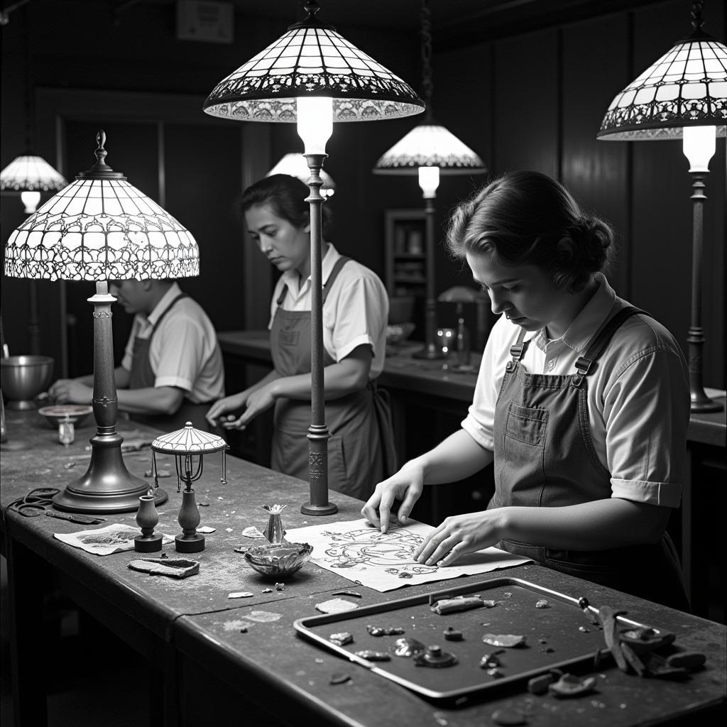 Tiffany studio artisans creating stained-glass lampshades