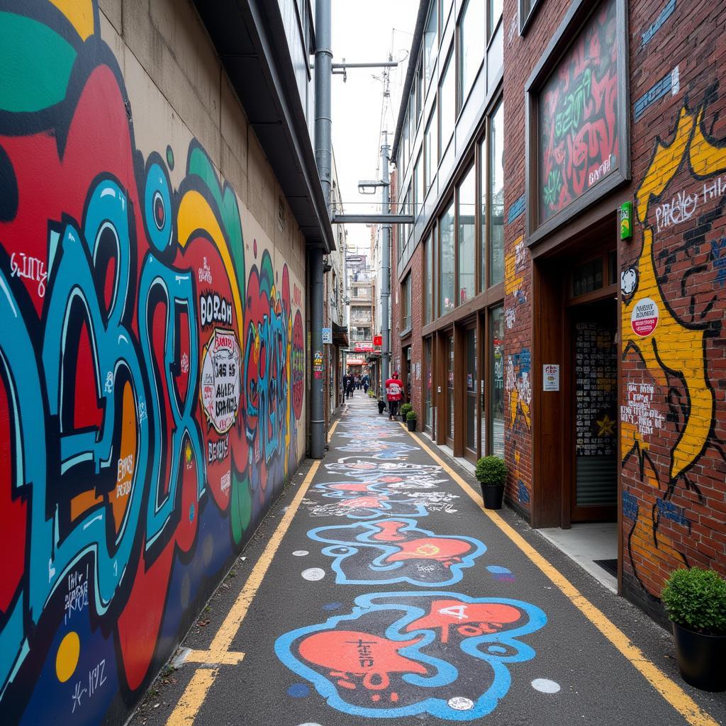 Atmospheric Tokyo alleyway adorned with vibrant graffiti in Shibuya