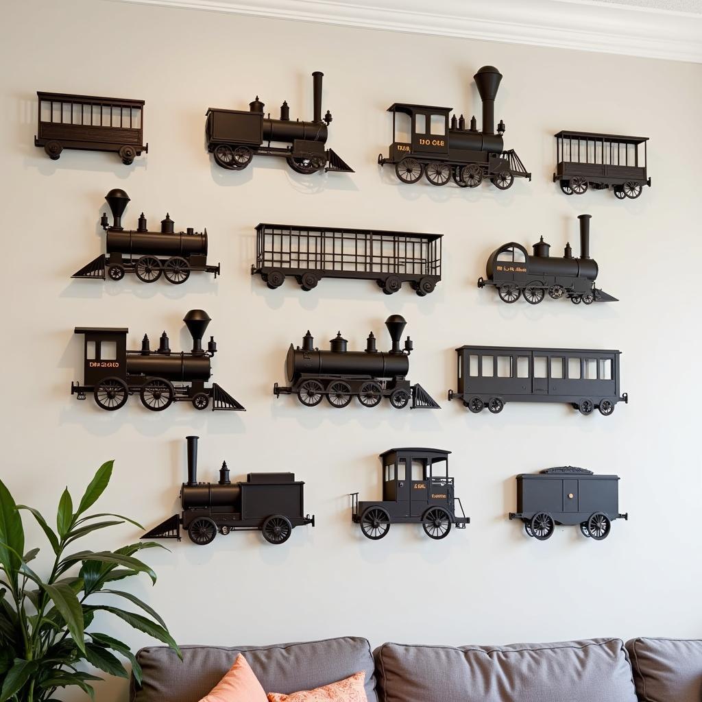 A gallery wall featuring a collection of train metal wall art