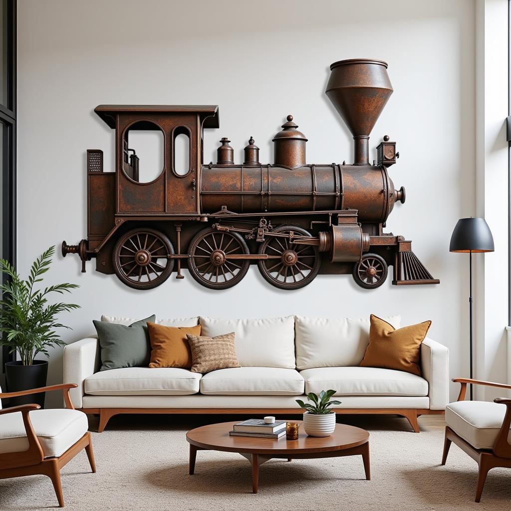 Train metal wall art in a modern living room setting