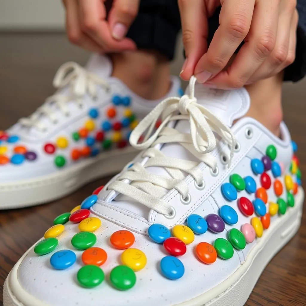 Decorating shoes with M&M's candies