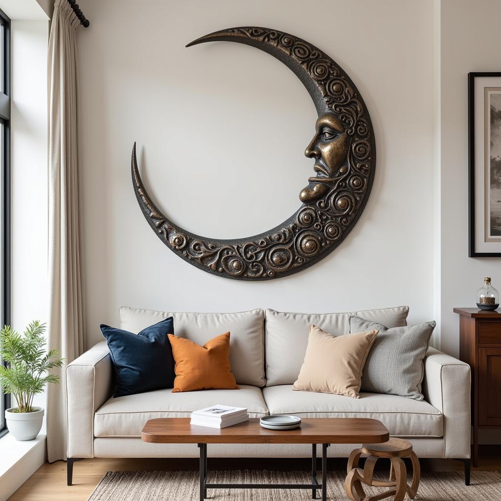 Phòng khách được trang trí với metal crescent moon wall art