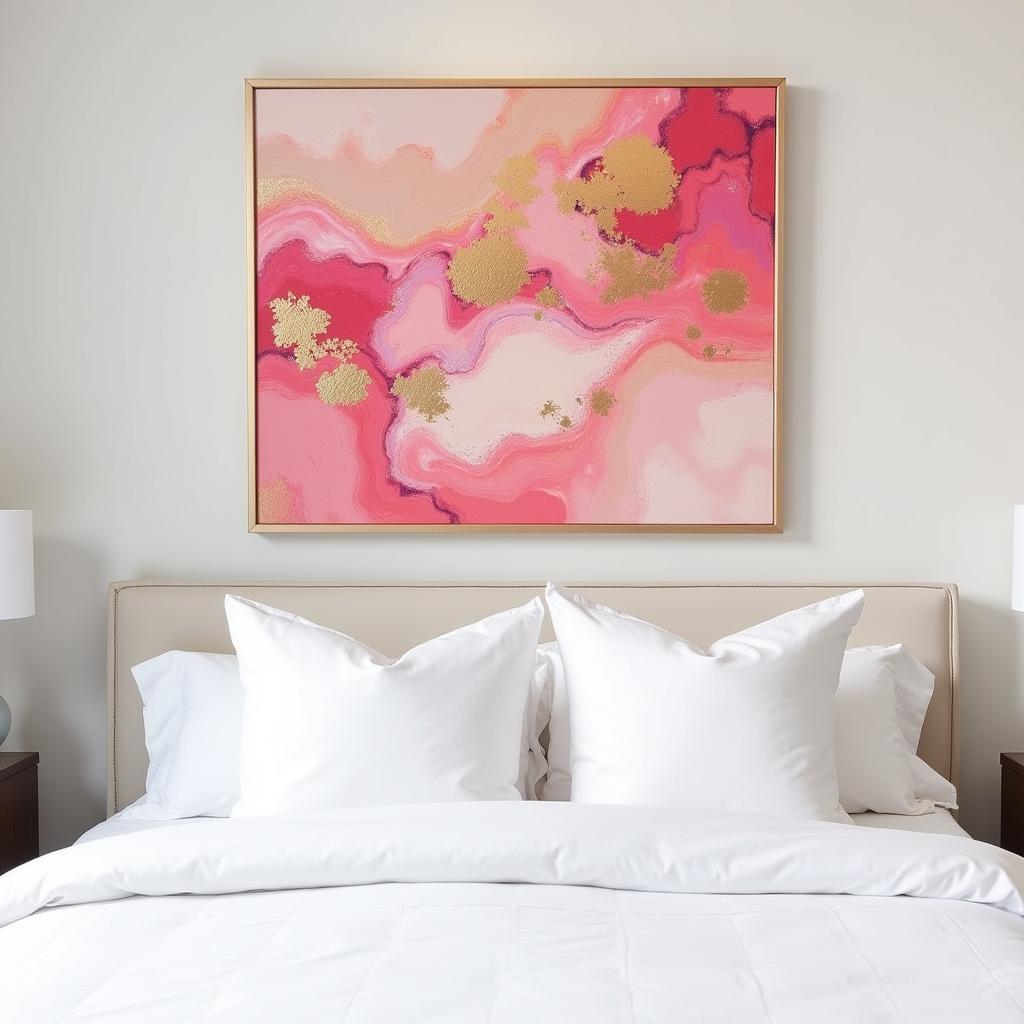 Pink and gold abstract art above a bed