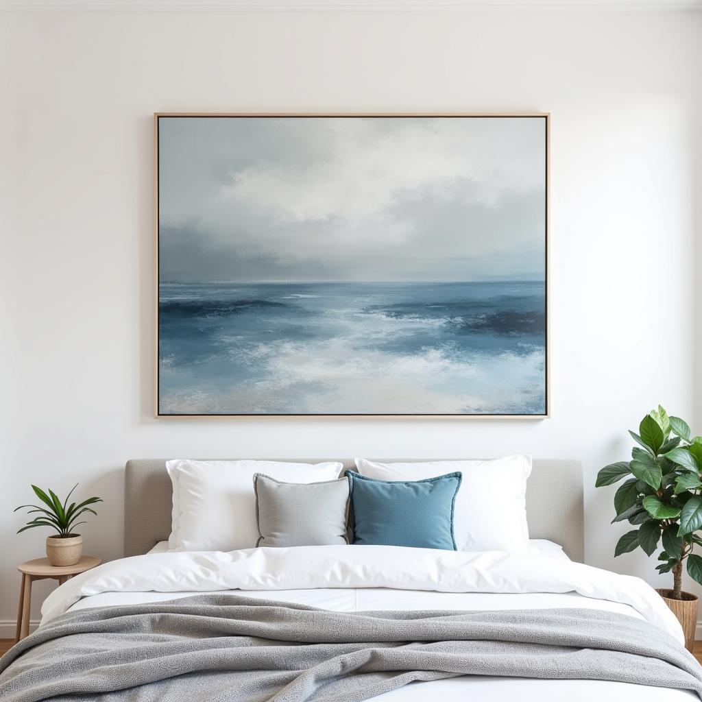 Large abstract coastal art above bed