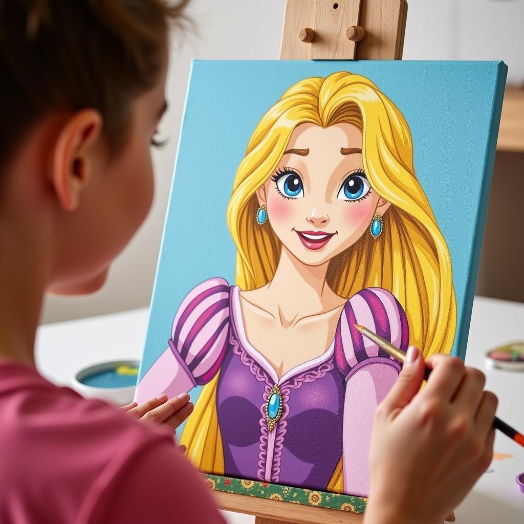 Một người đang tự tay vẽ tranh canvas Disney hình công chúa Rapunzel