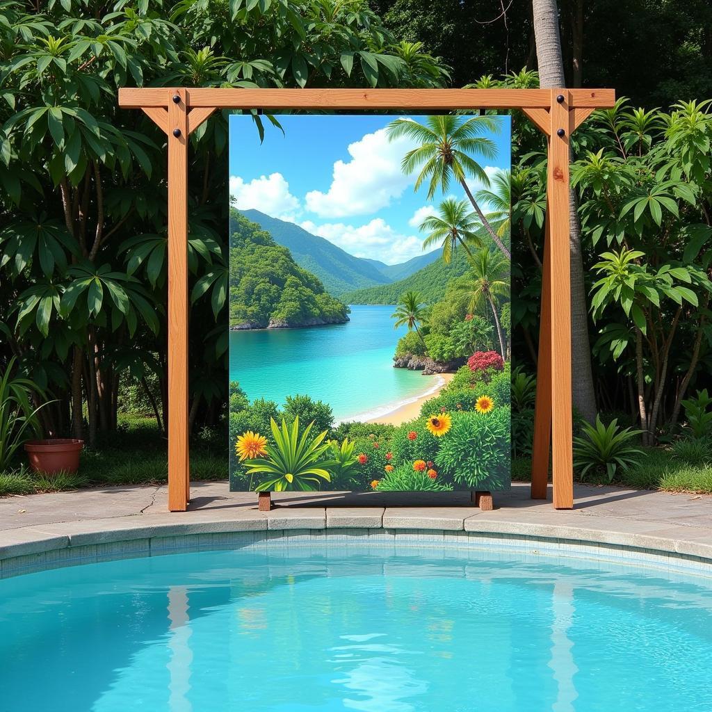 Outdoor canvas wall art showcasing vibrant colors and nature-inspired designs, hung on a wall near a swimming pool.