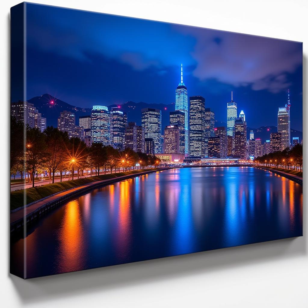 Tranh canvas panoramic với khung cảnh thành phố về đêm đầy ấn tượng