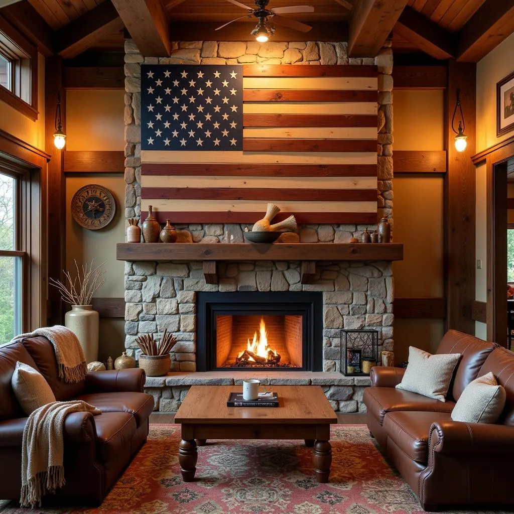 Large wooden American flag wall art displayed above a fireplace