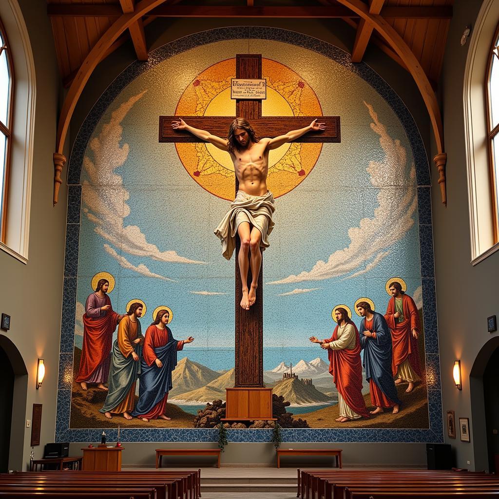 Catholic mosaic wall art depicting the crucifixion of Jesus